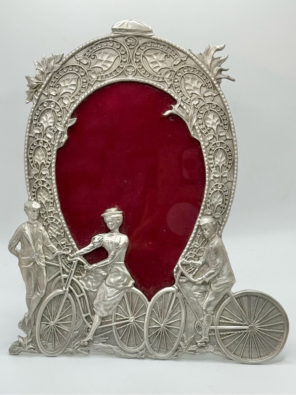 VTG Filigree Pewter Picture Frame Victorian Parisian Bicycle scene 4x6- 7X8 - Picture 1 of 8